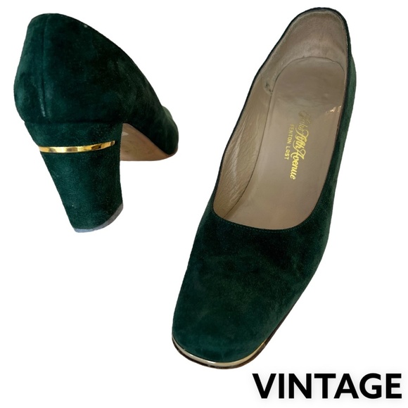 SAKS 5TH AVENUE Pump Fat Heel Suede Brass Square-Toe Forest Green 6AA Vintage​ - Picture 1 of 12